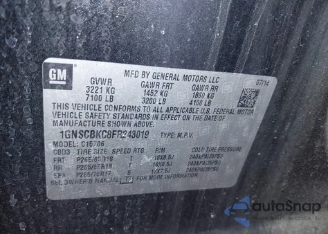 2015 Chevrolet Tahoe Lt z USA, uszkodzony, nr VIN 1GNSCBKC8FR243019